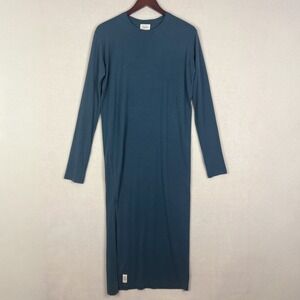 MIKUTA Size Small Teal Long Sleeve T Shirt Long Maxi Dress Front Slit